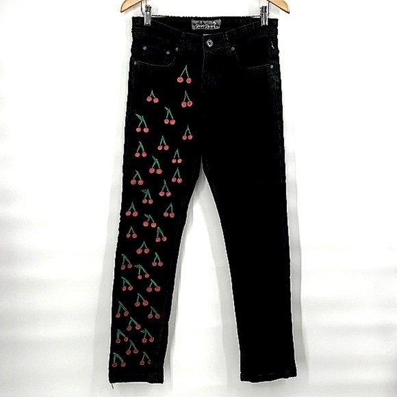 Vintage retro black Cherry print jeans size 10 woman’s - Picture 1 of 9